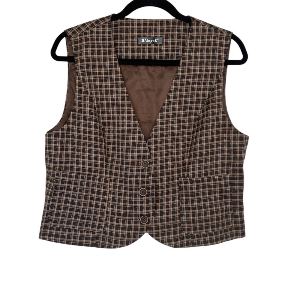 Allegra K Plaid Button Down Vest Brown